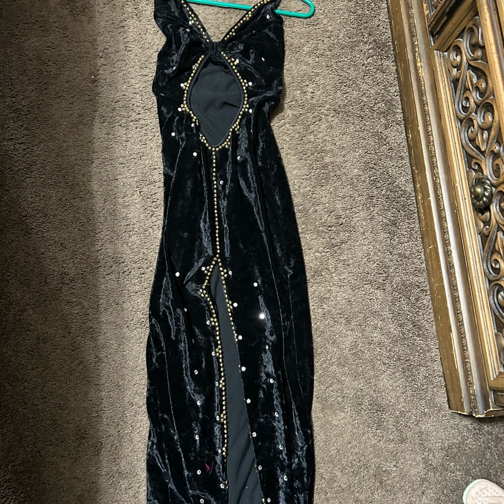 Elegant Black Velvet Dress with Gold Accents